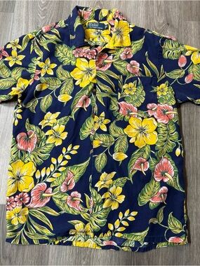 Polo by Ralph Lauren Navy Floral Hawaiian Button Up Shirt Medium Vtg